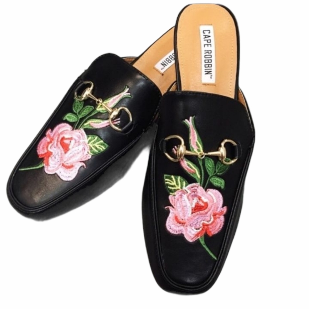 Black Floral Cape Robbin Mules